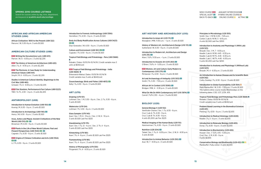 WUSTL Course Catalog Spring 2016